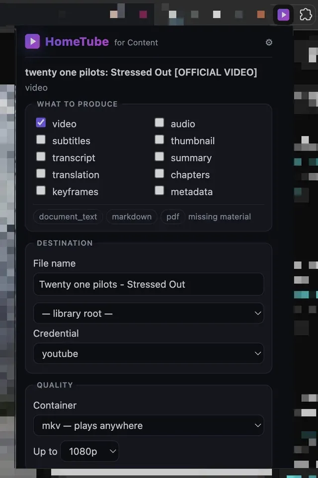 The Content browser extension popup on a YouTube page, offering outputs and a destination folder